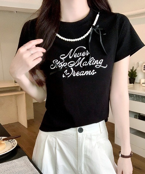 Riff（リフ）の「パールリボン付き半袖ロゴTシャツ（Tシャツ/カットソー・レディース・ブラック/アイボリー・M）」の10枚目の写真