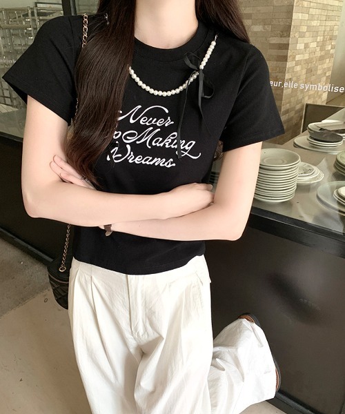 Riff（リフ）の「パールリボン付き半袖ロゴTシャツ（Tシャツ/カットソー・レディース・ブラック/アイボリー・M）」の14枚目の写真