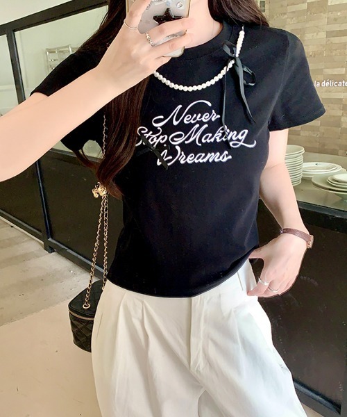 Riff（リフ）の「パールリボン付き半袖ロゴTシャツ（Tシャツ/カットソー・レディース・ブラック/アイボリー・M）」の15枚目の写真