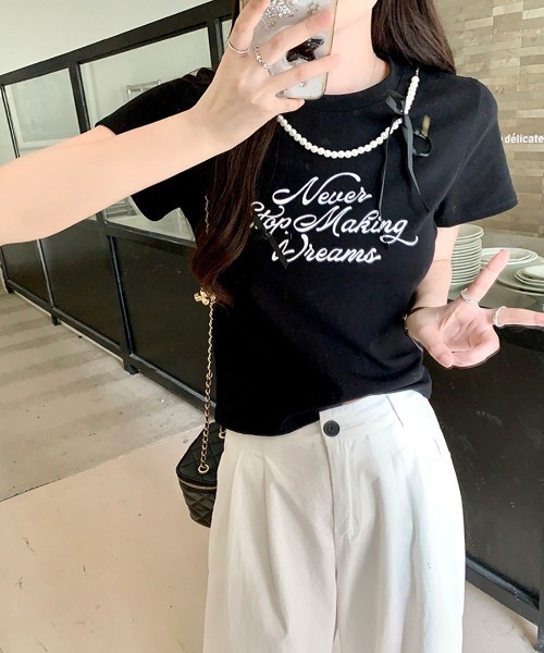 Riff（リフ）の「パールリボン付き半袖ロゴTシャツ（Tシャツ/カットソー・レディース・ブラック/アイボリー・M）」の16枚目の写真