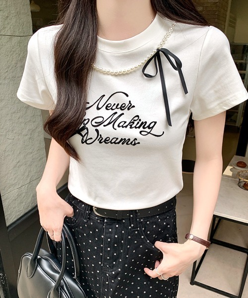 Riff（リフ）の「パールリボン付き半袖ロゴTシャツ（Tシャツ/カットソー・レディース・ブラック/アイボリー・M）」の3枚目の写真