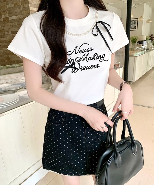 Riff（リフ）の「パールリボン付き半袖ロゴTシャツ（Tシャツ/カットソー・レディース・ブラック/アイボリー・M）」の4枚目の写真