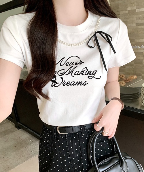 Riff（リフ）の「パールリボン付き半袖ロゴTシャツ（Tシャツ/カットソー・レディース・ブラック/アイボリー・M）」の5枚目の写真