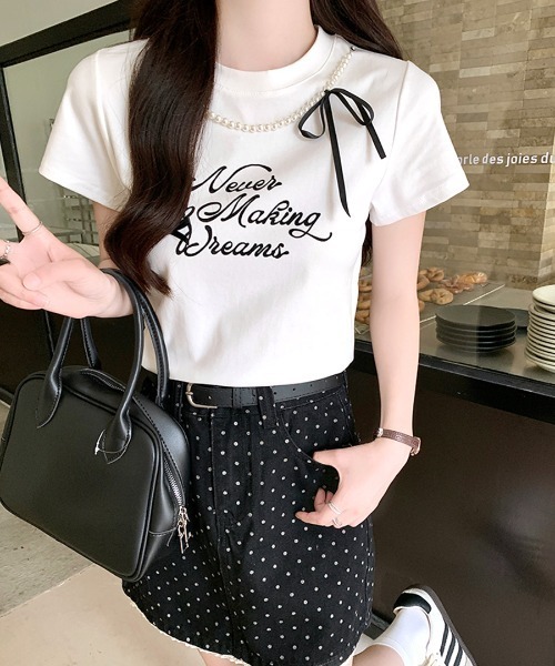 Riff（リフ）の「パールリボン付き半袖ロゴTシャツ（Tシャツ/カットソー・レディース・ブラック/アイボリー・M）」の6枚目の写真