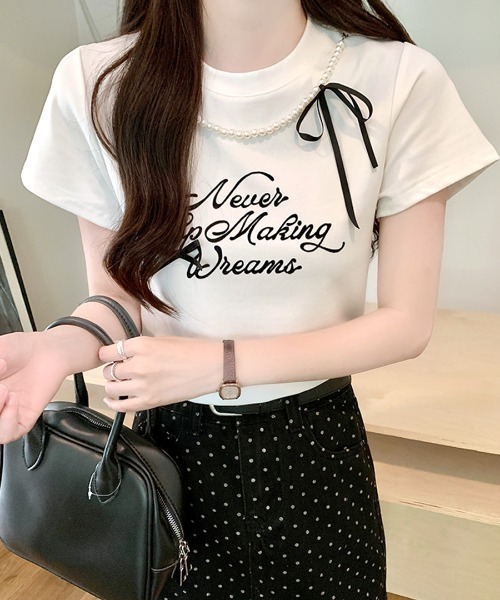 Riff（リフ）の「パールリボン付き半袖ロゴTシャツ（Tシャツ/カットソー・レディース・ブラック/アイボリー・M）」の8枚目の写真