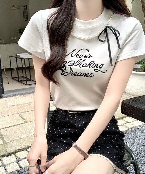 Riff（リフ）の「パールリボン付き半袖ロゴTシャツ（Tシャツ/カットソー・レディース・ブラック/アイボリー・M）」の9枚目の写真