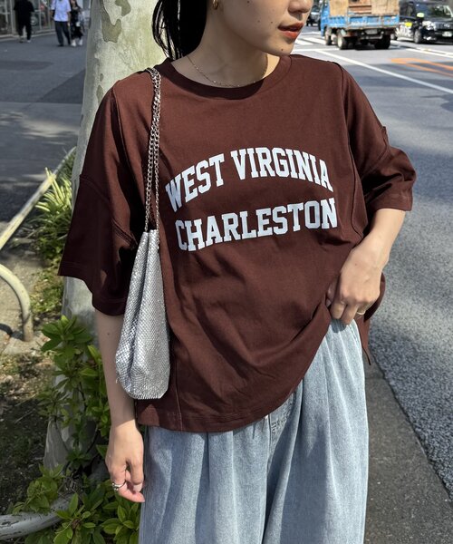 CIAOPANIC TYPY（チャオパニックティピー）の「USAコットン切替プリントTee（Tシャツ/カットソー・レディース・ネイビー/ピンク/ブラウン/ホワイト/チャコールグレー・ONE SIZE）」の4枚目の写真