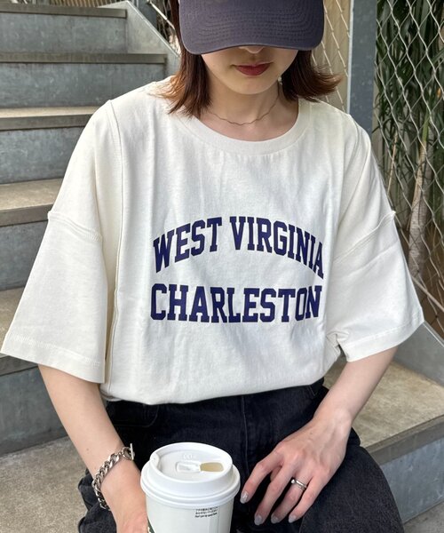 CIAOPANIC TYPY（チャオパニックティピー）の「USAコットン切替プリントTee（Tシャツ/カットソー・レディース・ネイビー/ピンク/ブラウン/ホワイト/チャコールグレー・ONE SIZE）」の2枚目の写真