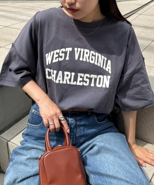 CIAOPANIC TYPY（チャオパニックティピー）の「USAコットン切替プリントTee（Tシャツ/カットソー・レディース・ネイビー/ピンク/ブラウン/ホワイト/チャコールグレー・ONE SIZE）」の3枚目の写真