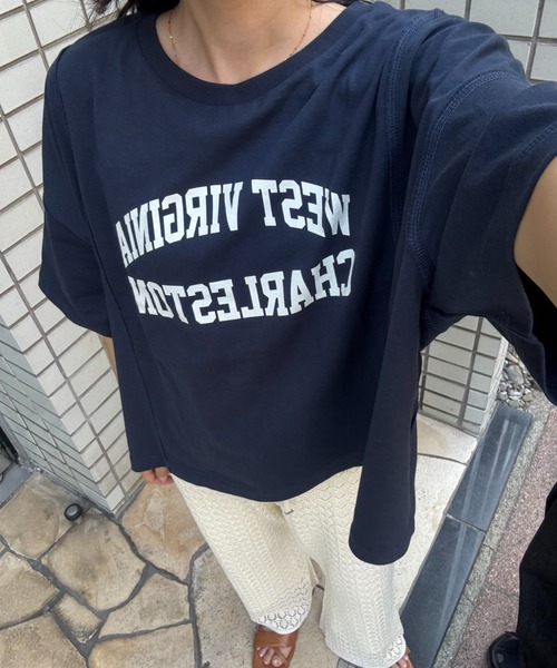 CIAOPANIC TYPY（チャオパニックティピー）の「USAコットン切替プリントTee（Tシャツ/カットソー・レディース・ネイビー/ピンク/ブラウン/ホワイト/チャコールグレー・ONE SIZE）」の6枚目の写真