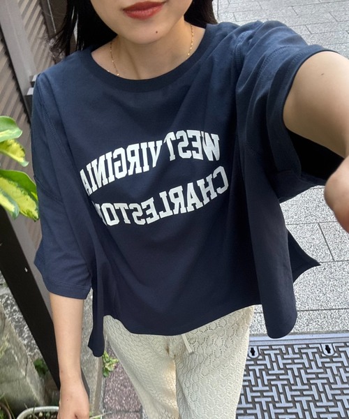 CIAOPANIC TYPY(チャオパニックティピー)の「USAコットン切替プリントTee(Tシャツ/カットソー・レディース・ネイビー/ピンク/ブラウン/ホワイト/チャコールグレー・ONE SIZE)」の10枚目の写真