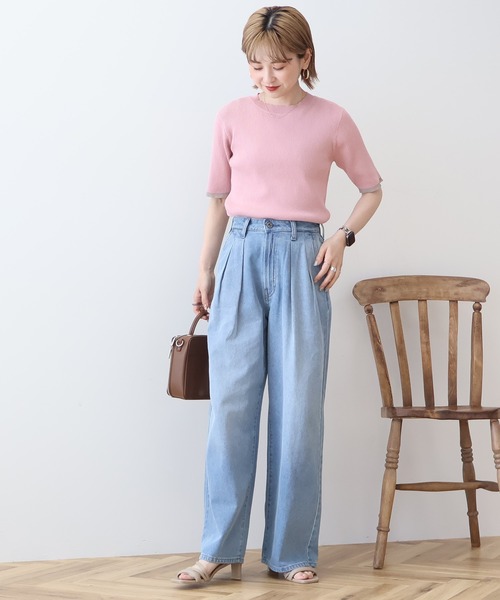 AMERICAN HOLIC(アメリカンホリック)の「袖口バイカラー半袖ニットプルオーバー(ニット/セーター・レディース・ピンク/ネイビー/オフホワイト・L/M)」の12枚目の写真