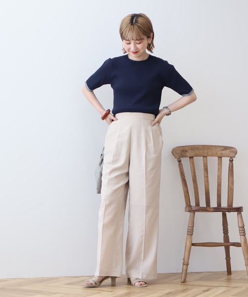 AMERICAN HOLIC（アメリカンホリック）の「袖口バイカラー半袖ニットプルオーバー（ニット/セーター・レディース・ピンク/ネイビー/オフホワイト・L/M）」の8枚目の写真
