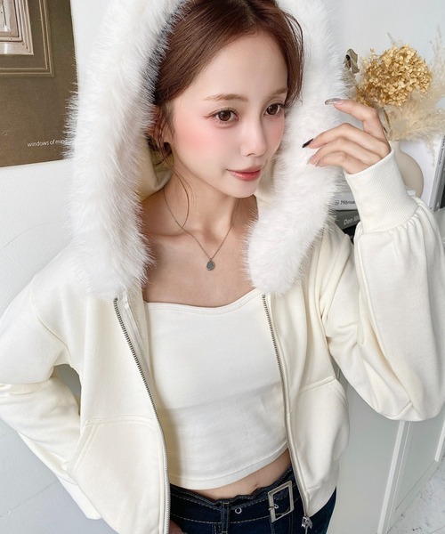 セール】ファーフードダブルジップショートパーカー（パーカー