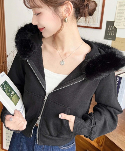 セール】ファーフードダブルジップショートパーカー（パーカー