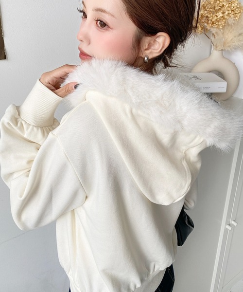 セール】ファーフードダブルジップショートパーカー（パーカー