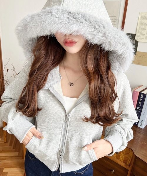 セール】ファーフードダブルジップショートパーカー（パーカー