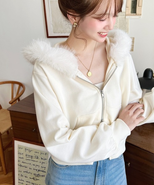 セール】ファーフードダブルジップショートパーカー（パーカー