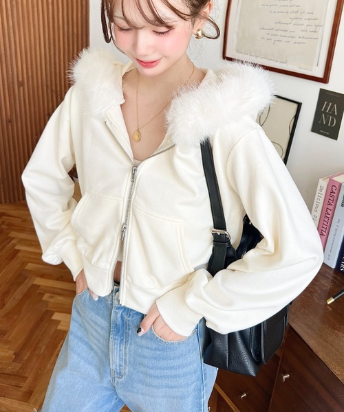 セール】ファーフードダブルジップショートパーカー（パーカー