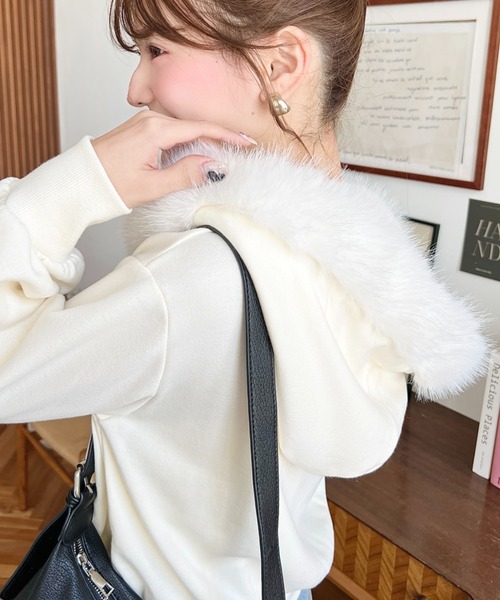 セール】ファーフードダブルジップショートパーカー（パーカー