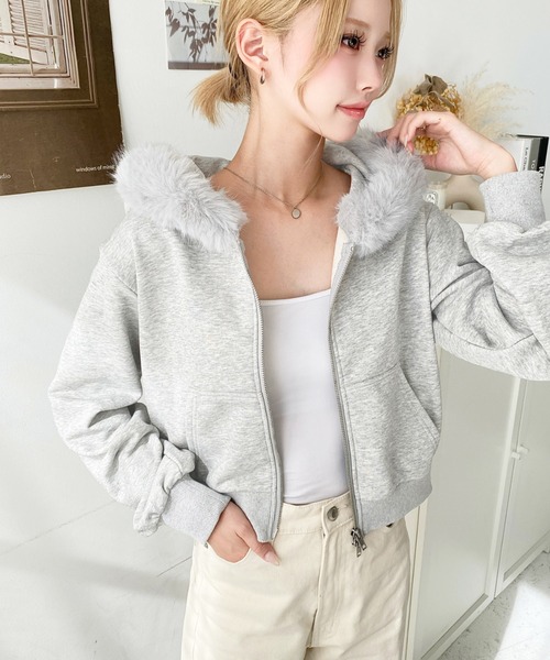 セール】ファーフードダブルジップショートパーカー（パーカー