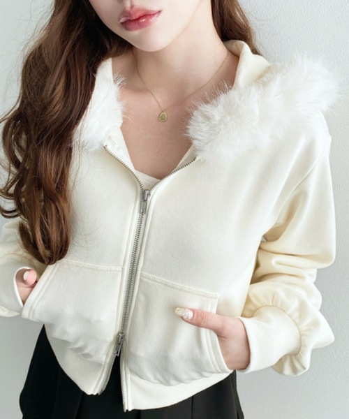 セール】ファーフードダブルジップショートパーカー（パーカー