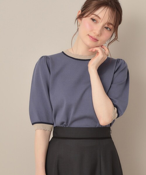 couture brooch(クチュールブローチ)の「【5分袖・華奢見え・通勤】配色スカラ5分袖ニット(ニット/セーター・レディース・ブルー系その他/アイボリー/ブラック・36/38/40/42)」の3枚目の写真