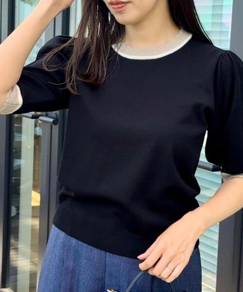 couture brooch(クチュールブローチ)の「【5分袖・華奢見え・通勤】配色スカラ5分袖ニット(ニット/セーター・レディース・ブルー系その他/アイボリー/ブラック・36/38/40/42)」の18枚目の写真