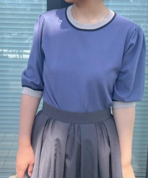 couture brooch(クチュールブローチ)の「【5分袖・華奢見え・通勤】配色スカラ5分袖ニット(ニット/セーター・レディース・ブルー系その他/アイボリー/ブラック・36/38/40/42)」の16枚目の写真