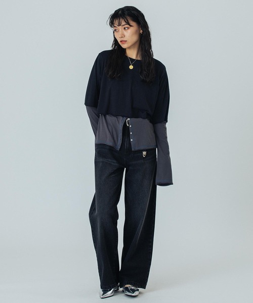 ROSE BUD（ローズバッド）の「(CREOLME)WIDE DENIM PANTS（デニムパンツ・レディース・ブラック/ライトインディゴブルー・M/S）」の5枚目の写真