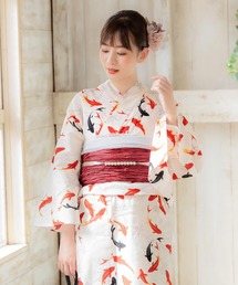kimonomachi（キモノマチ）の「KIMONOMACHI オリジナル 浴衣 浴衣セット レディース 浴衣2点セット（浴衣＋しわ兵児帯）浴衣 レディース　変わり織綿浴衣　金魚・檸檬柄など　水色　ブルー　ネイビー　キナリ　パープル　サンドベージュ（浴衣）」