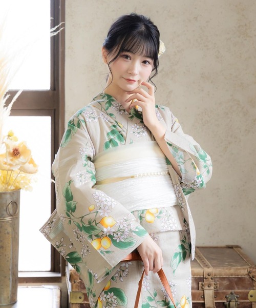 kimonomachi（キモノマチ）の「レディース 浴衣2点セット（浴衣＋しわ兵児帯）浴衣 浴衣セット　変わり織綿浴衣　金魚・檸檬柄など　水色　ブルー　ネイビー　キナリ　パープル　サンドベージュ　KIMONOMACHI オリジナル（浴衣・レディース・パープル/ネイビー/スカイブルー/ブルー系その他/アイボリー/サンドベージュ・FREE/S）」の9枚目の写真