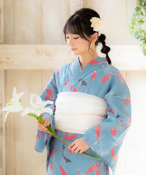 kimonomachi（キモノマチ）の「レディース 浴衣2点セット（浴衣＋しわ兵児帯）浴衣 浴衣セット　変わり織綿浴衣　金魚・檸檬柄など　水色　ブルー　ネイビー　キナリ　パープル　サンドベージュ　KIMONOMACHI オリジナル（浴衣・レディース・パープル/ネイビー/スカイブルー/ブルー系その他/アイボリー/サンドベージュ・FREE/S）」の12枚目の写真