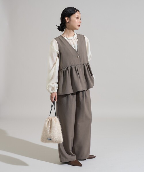 ペプラムベストパンツSET グレー GLOBAL WORK パンツドレス ペプラムベスト＊ブラウスパンツ