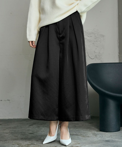2025AW】サテン タック ガウチョパンツ キュロットパンツ ワイドパンツ