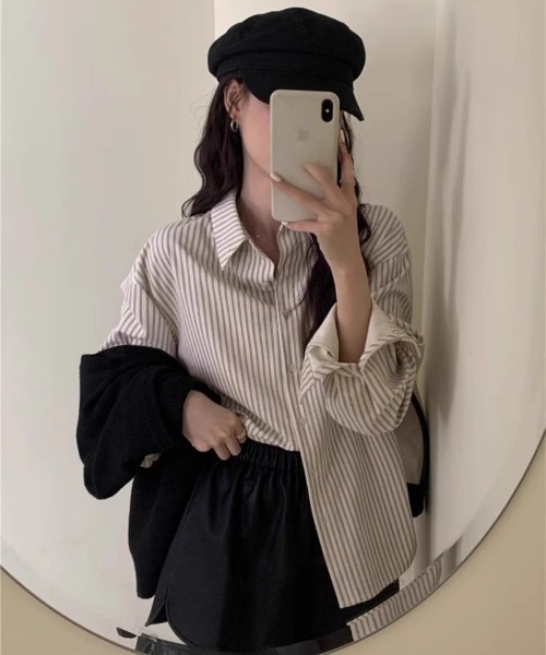 Ritzy(リッツィー)の「オーバーサイズ ストライプシャツ(シャツ/ブラウス・レディース・アイボリー/モカ/ベージュ・L/M)」の6枚目の写真