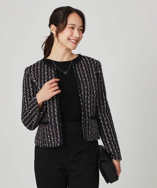 スペシャルデザイン　シェアードミンク　ノーカラーショートジャケット セール】【日本製／セットアップ可】ファンシーツィードのショート丈