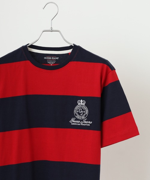 GUESS JEANS(ゲスジーンズ)の「GUESS JEANS GJ CN SS REG STRIPED WITH EMB ゲス ラガー半袖Tシャツ(Tシャツ/カットソー・メンズ・レッド/ブルー・S/XL/XXL/M/L)」の1枚目の写真