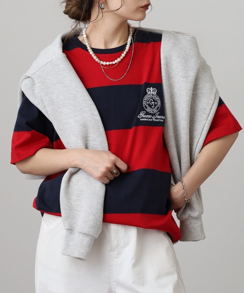 GUESS JEANS(ゲスジーンズ)の「GUESS JEANS GJ CN SS REG STRIPED WITH EMB ゲス ラガー半袖Tシャツ(Tシャツ/カットソー・メンズ・レッド/ブルー・S/XL/XXL/M/L)」の12枚目の写真
