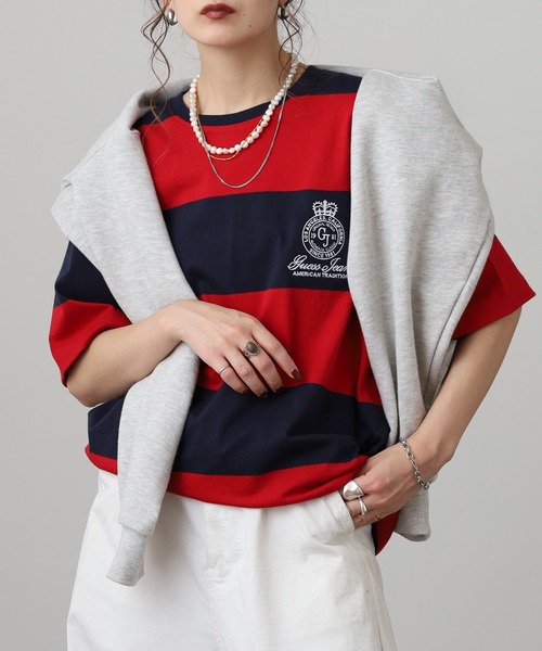 GUESS JEANS(ゲスジーンズ)の「GUESS JEANS GJ CN SS REG STRIPED WITH EMB ゲス ラガー半袖Tシャツ(Tシャツ/カットソー・メンズ・レッド/ブルー・S/XL/XXL/M/L)」の13枚目の写真