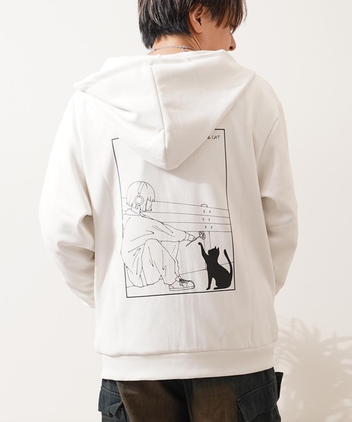 1111clothing(ワンフォークロージング)の「ガール&ネコ フェイクスエード ジップパーカー / Girl & Cat Faux Suede Zip Hoodie(パーカー・メンズ・ブラック系1/ホワイト系1/ホワイト系2/ブラック系2・M/L)」の2枚目の写真