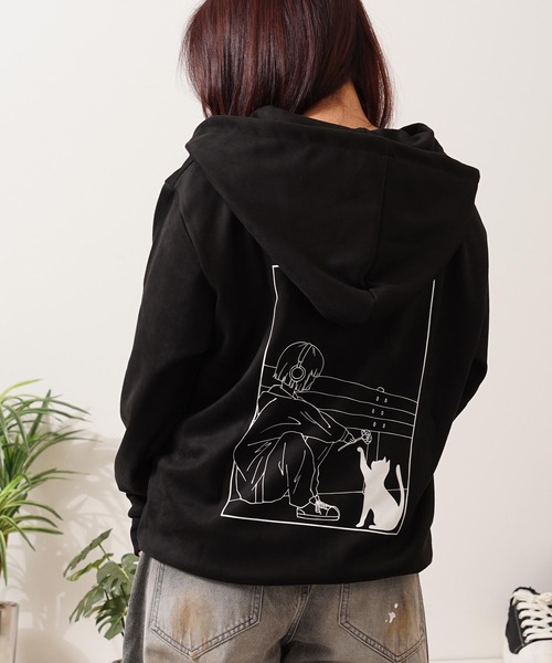 1111clothing(ワンフォークロージング)の「ガール&ネコ フェイクスエード ジップパーカー / Girl & Cat Faux Suede Zip Hoodie(パーカー・メンズ・ブラック系1/ホワイト系1/ホワイト系2/ブラック系2・M/L)」の4枚目の写真