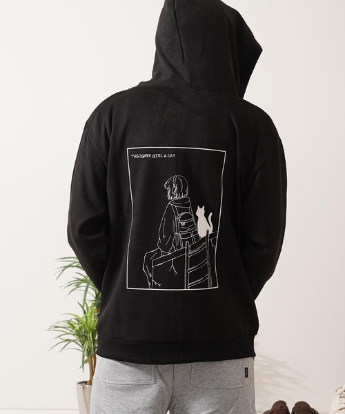1111clothing(ワンフォークロージング)の「ガール&ネコ フェイクスエード ジップパーカー / Girl & Cat Faux Suede Zip Hoodie(パーカー・メンズ・ブラック系1/ホワイト系1/ホワイト系2/ブラック系2・M/L)」の21枚目の写真