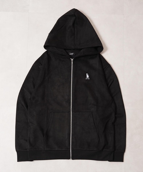 1111clothing(ワンフォークロージング)の「ガール&ネコ フェイクスエード ジップパーカー / Girl & Cat Faux Suede Zip Hoodie(パーカー・メンズ・ブラック系1/ホワイト系1/ホワイト系2/ブラック系2・M/L)」の14枚目の写真
