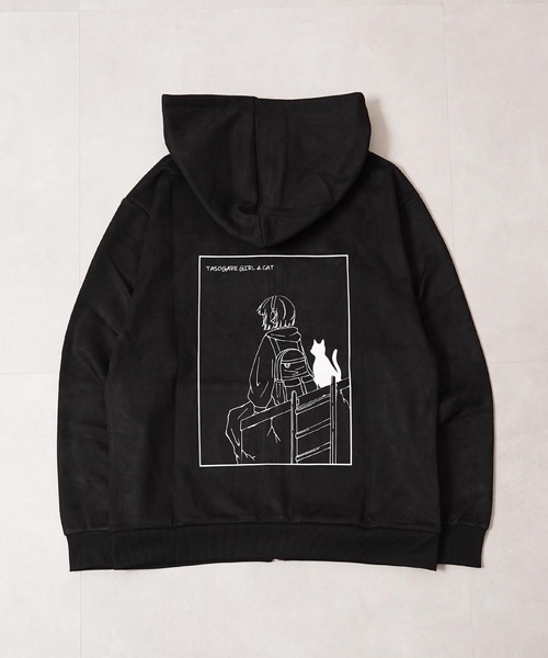 1111clothing(ワンフォークロージング)の「ガール&ネコ フェイクスエード ジップパーカー / Girl & Cat Faux Suede Zip Hoodie(パーカー・メンズ・ブラック系1/ホワイト系1/ホワイト系2/ブラック系2・M/L)」の15枚目の写真