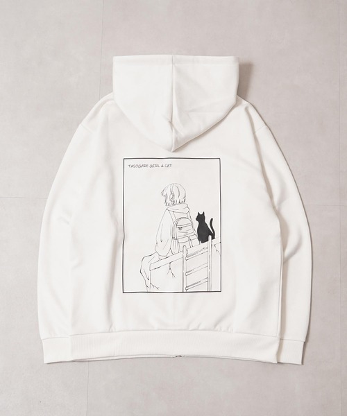 1111clothing(ワンフォークロージング)の「ガール&ネコ フェイクスエード ジップパーカー / Girl & Cat Faux Suede Zip Hoodie(パーカー・メンズ・ブラック系1/ホワイト系1/ホワイト系2/ブラック系2・M/L)」の7枚目の写真