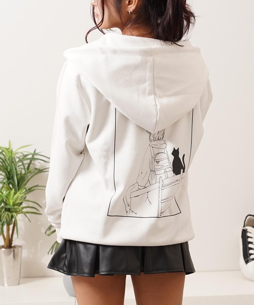 1111clothing(ワンフォークロージング)の「ガール&ネコ フェイクスエード ジップパーカー / Girl & Cat Faux Suede Zip Hoodie(パーカー・メンズ・ブラック系1/ホワイト系1/ホワイト系2/ブラック系2・M/L)」の13枚目の写真