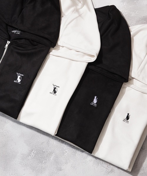 1111clothing(ワンフォークロージング)の「ガール&ネコ フェイクスエード ジップパーカー / Girl & Cat Faux Suede Zip Hoodie(パーカー・メンズ・ブラック系1/ホワイト系1/ホワイト系2/ブラック系2・M/L)」の5枚目の写真
