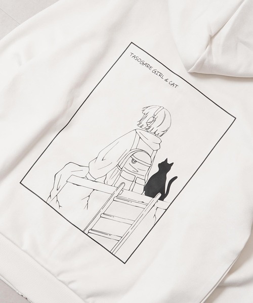 1111clothing(ワンフォークロージング)の「ガール&ネコ フェイクスエード ジップパーカー / Girl & Cat Faux Suede Zip Hoodie(パーカー・メンズ・ブラック系1/ホワイト系1/ホワイト系2/ブラック系2・M/L)」の9枚目の写真