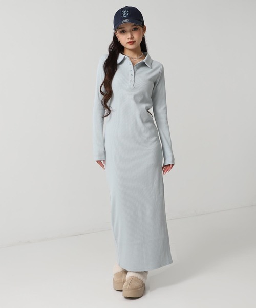 ANAP（アナップ）の「ポロ襟 リブ ロング ワンピース（ワンピース・レディース・ライトブルー/ダークグレー/ライトグレー・F）」の4枚目の写真